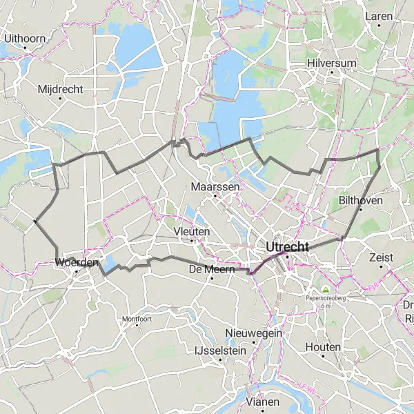 Map miniature of "Bilthoven and Castle Marvels" cycling inspiration in Utrecht, Netherlands. Generated by Tarmacs.app cycling route planner