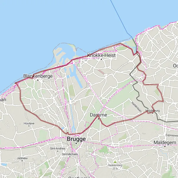 Miniatuurkaart van de fietsinspiratie "Gravelroute van Aardenburg naar Blankenberge" in Zeeland, Netherlands. Gemaakt door de Tarmacs.app fietsrouteplanner
