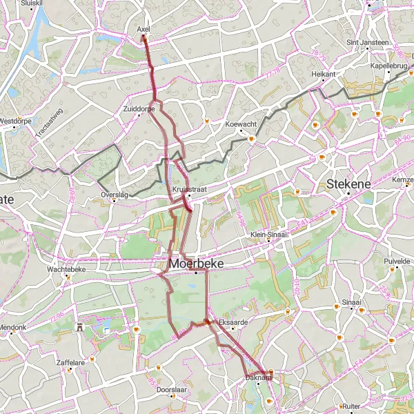 Map miniature of "Gravel Route Axel to Kasteel De Smet and Daknam" cycling inspiration in Zeeland, Netherlands. Generated by Tarmacs.app cycling route planner