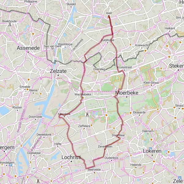 Map miniature of "Gravel Route Axel to Rode Sluis and Mendonk" cycling inspiration in Zeeland, Netherlands. Generated by Tarmacs.app cycling route planner