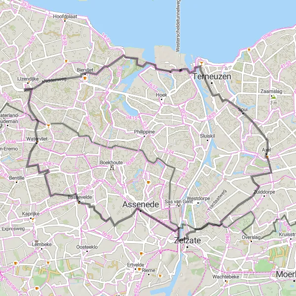 Map miniature of "Road Route Axel to Bassevelde and Biervliet" cycling inspiration in Zeeland, Netherlands. Generated by Tarmacs.app cycling route planner