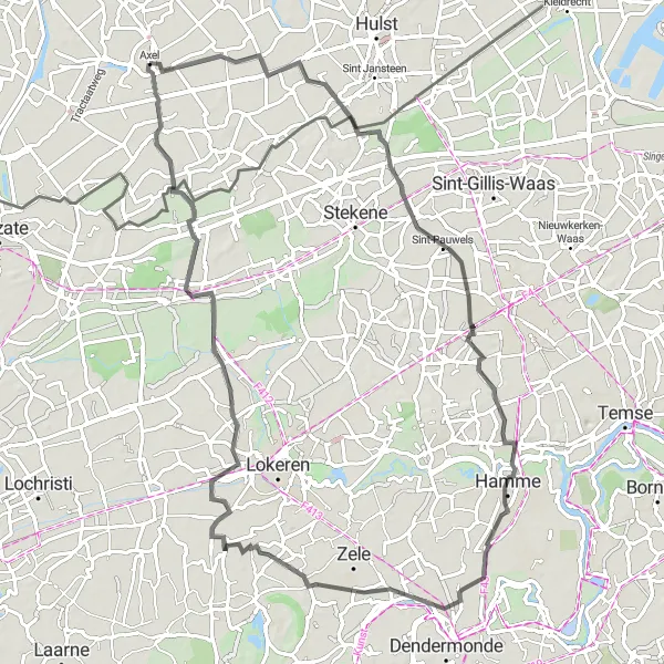 Map miniature of "Road Route Axel to Uitzichtpunt Niemandsland and Moerbeke" cycling inspiration in Zeeland, Netherlands. Generated by Tarmacs.app cycling route planner