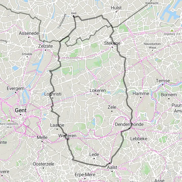 Map miniature of "Road Route Axel to Hof van Belsele and Wachtebeke" cycling inspiration in Zeeland, Netherlands. Generated by Tarmacs.app cycling route planner