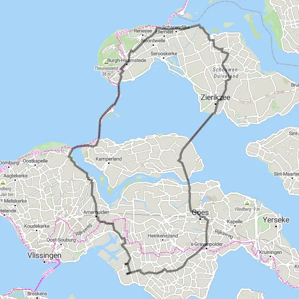 Map miniature of "The Coastal Adventure" cycling inspiration in Zeeland, Netherlands. Generated by Tarmacs.app cycling route planner