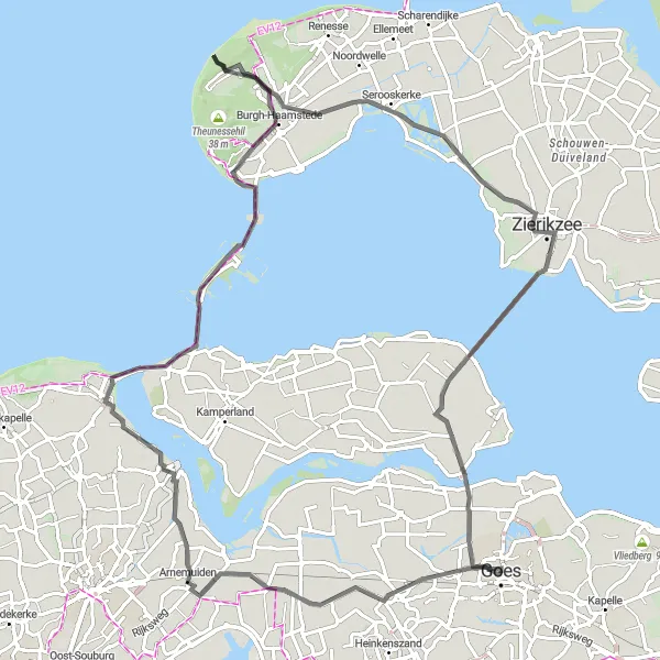 Map miniature of "Arnemuiden and Neeltje Jans Tour" cycling inspiration in Zeeland, Netherlands. Generated by Tarmacs.app cycling route planner