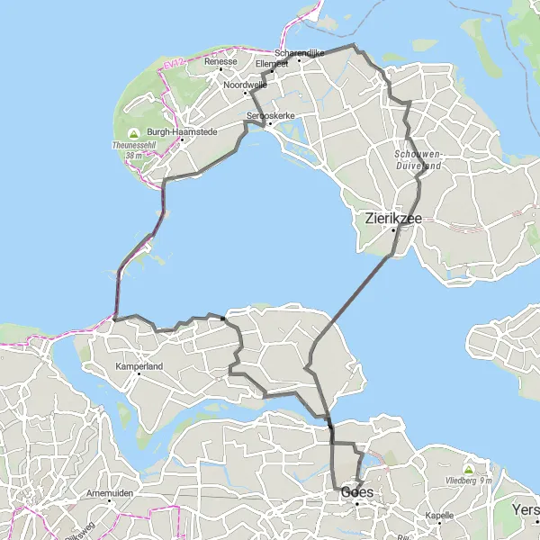 Map miniature of "The Zeeland Beginner's Ride" cycling inspiration in Zeeland, Netherlands. Generated by Tarmacs.app cycling route planner