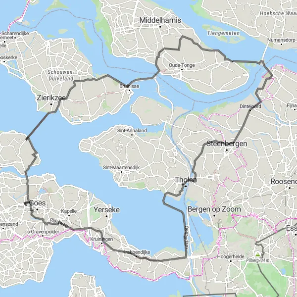 Map miniature of "The Coastal Adventure" cycling inspiration in Zeeland, Netherlands. Generated by Tarmacs.app cycling route planner