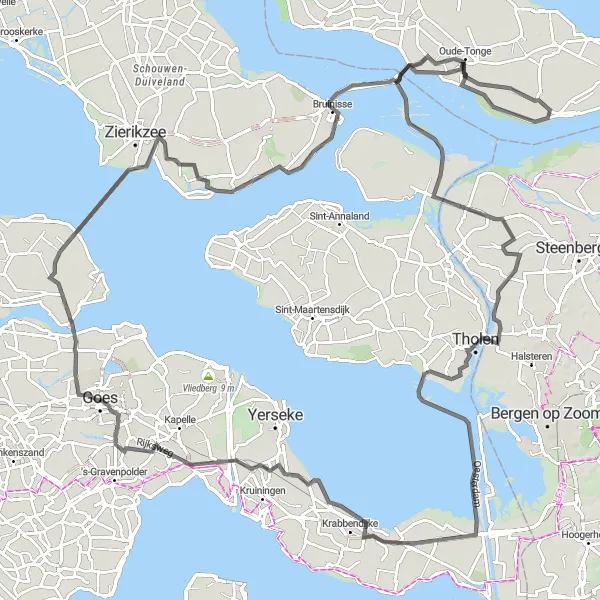 Map miniature of "Tholen and Krammersluizen Tour" cycling inspiration in Zeeland, Netherlands. Generated by Tarmacs.app cycling route planner