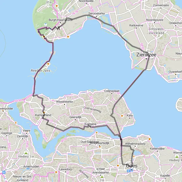 Map miniature of "Kortgene and Kamperland Excursion" cycling inspiration in Zeeland, Netherlands. Generated by Tarmacs.app cycling route planner