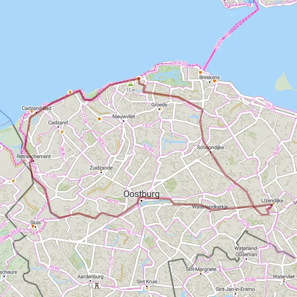 Miniatuurkaart van de fietsinspiratie "Gravelroute IJzendijke - Waterlandkerkje - Oostburg - Cadzand-Bad - Groede - Schoondijke" in Zeeland, Netherlands. Gemaakt door de Tarmacs.app fietsrouteplanner