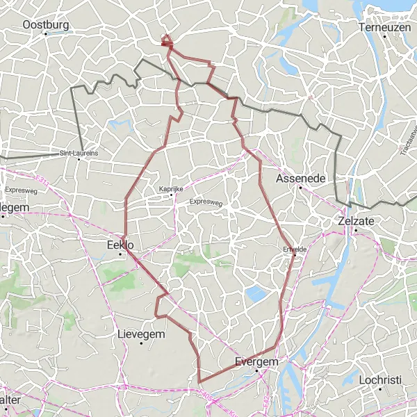 Miniatuurkaart van de fietsinspiratie "Gravelroute naar Eeklo" in Zeeland, Netherlands. Gemaakt door de Tarmacs.app fietsrouteplanner
