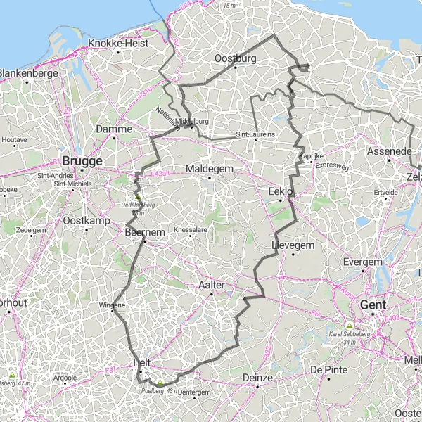 Miniatuurkaart van de fietsinspiratie "Wegroute IJzendijke - Turkeye - Bentille - Zomergem - Aarsele - Tielt - Beernem - Oedelemberg - Sijsele - Middelburg - Schoondijke" in Zeeland, Netherlands. Gemaakt door de Tarmacs.app fietsrouteplanner