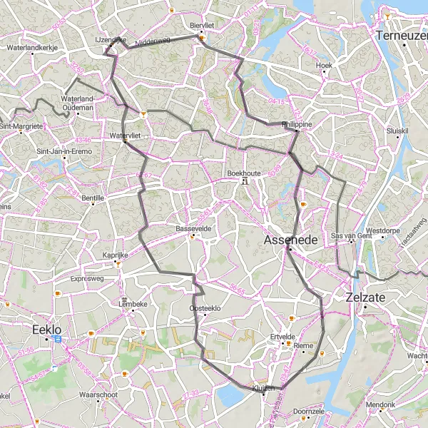 Miniatuurkaart van de fietsinspiratie "Rondje IJzendijke - Philippine - Assenede - Oosteeklo" in Zeeland, Netherlands. Gemaakt door de Tarmacs.app fietsrouteplanner
