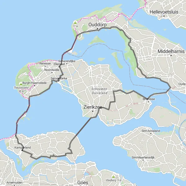Map miniature of "The Coastal Marathon" cycling inspiration in Zeeland, Netherlands. Generated by Tarmacs.app cycling route planner