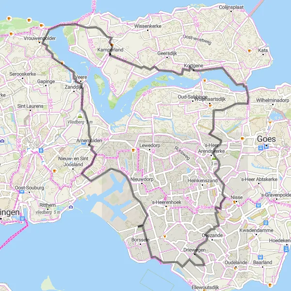 Map miniature of "Kamperland to Driewegen Ride" cycling inspiration in Zeeland, Netherlands. Generated by Tarmacs.app cycling route planner