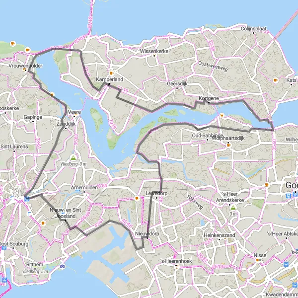 Map miniature of "Kamperland to Kortgene Loop" cycling inspiration in Zeeland, Netherlands. Generated by Tarmacs.app cycling route planner