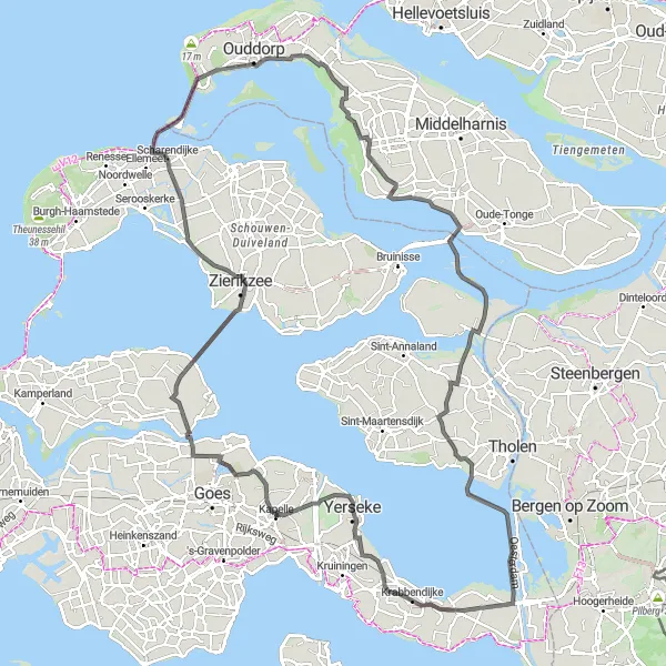 Miniatuurkaart van de fietsinspiratie "Kapelle naar Zierikzee en Ouddorp Fietstocht" in Zeeland, Netherlands. Gemaakt door de Tarmacs.app fietsrouteplanner