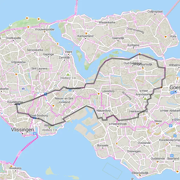 Miniatuurkaart van de fietsinspiratie "Koudekerke - Heinkenszand Route" in Zeeland, Netherlands. Gemaakt door de Tarmacs.app fietsrouteplanner