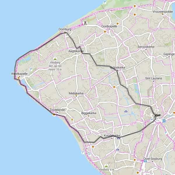 Miniatuurkaart van de fietsinspiratie "Rondrit langs historische bezienswaardigheden" in Zeeland, Netherlands. Gemaakt door de Tarmacs.app fietsrouteplanner