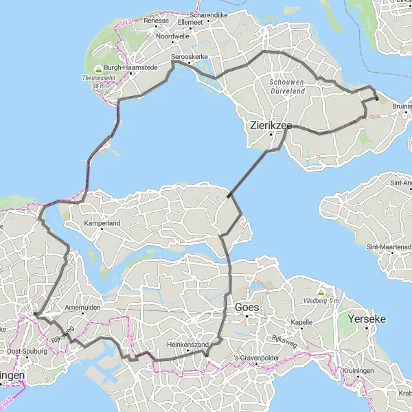 Miniatuurkaart van de fietsinspiratie "Roadtrip Lange Jan en Buiten de Veste" in Zeeland, Netherlands. Gemaakt door de Tarmacs.app fietsrouteplanner