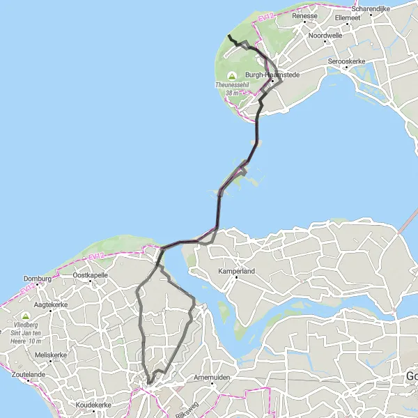 Map miniature of "Vrouwenpolder - Natural wonders and historical landmarks" cycling inspiration in Zeeland, Netherlands. Generated by Tarmacs.app cycling route planner