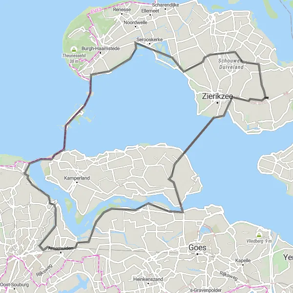 Map miniature of "Road Cycling Route: Discover the Beautiful Zeeland Countryside" cycling inspiration in Zeeland, Netherlands. Generated by Tarmacs.app cycling route planner