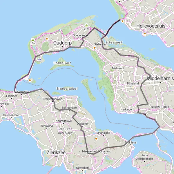 Map miniature of "Schouwen-Duiveland Loop" cycling inspiration in Zeeland, Netherlands. Generated by Tarmacs.app cycling route planner