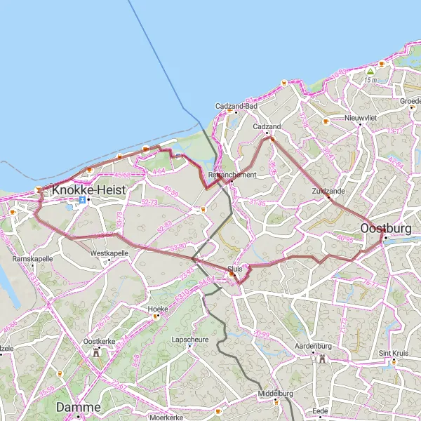 Map miniature of "The Gravel Discovery" cycling inspiration in Zeeland, Netherlands. Generated by Tarmacs.app cycling route planner