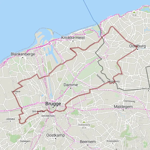 Map miniature of "The Gravel Escape" cycling inspiration in Zeeland, Netherlands. Generated by Tarmacs.app cycling route planner