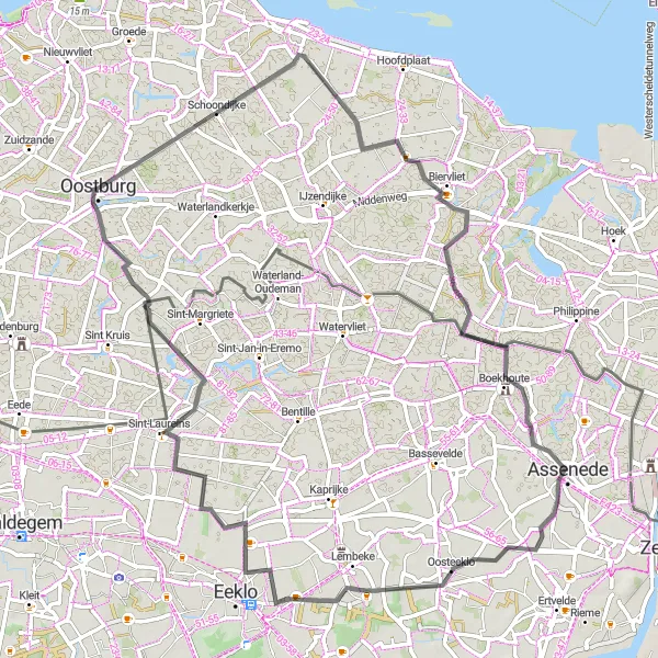 Map miniature of "Oostburg to Oosteeklo Loop" cycling inspiration in Zeeland, Netherlands. Generated by Tarmacs.app cycling route planner