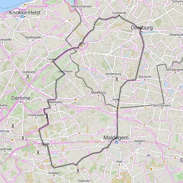 Map miniature of "Oostburg to Sint-Annakasteel Loop" cycling inspiration in Zeeland, Netherlands. Generated by Tarmacs.app cycling route planner