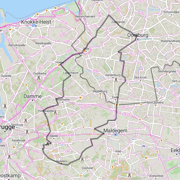 Map miniature of "Oostburg to Oostburgsche Brug Loop" cycling inspiration in Zeeland, Netherlands. Generated by Tarmacs.app cycling route planner