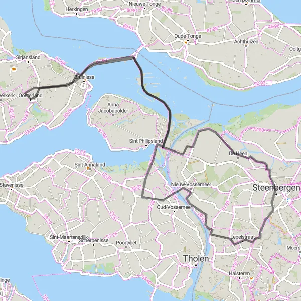 Miniatuurkaart van de fietsinspiratie "Oosterland naar Bruinisse Route" in Zeeland, Netherlands. Gemaakt door de Tarmacs.app fietsrouteplanner