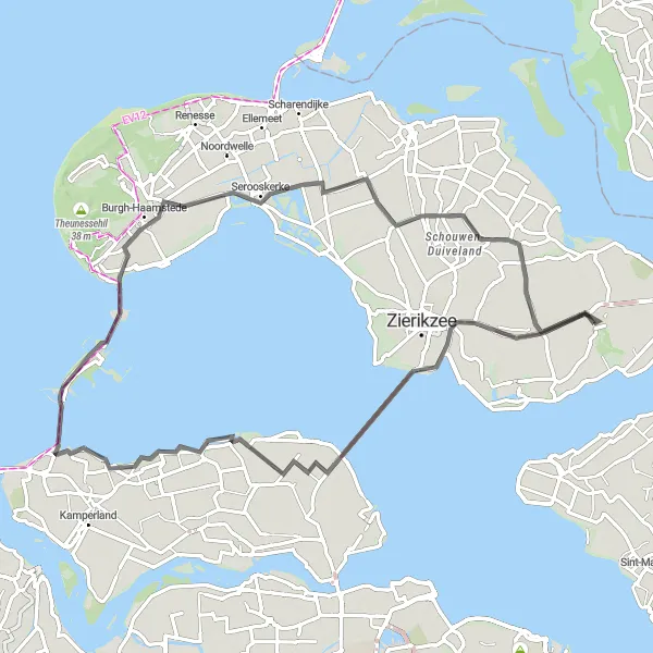Map miniature of "Zeeland Coastal Loop" cycling inspiration in Zeeland, Netherlands. Generated by Tarmacs.app cycling route planner