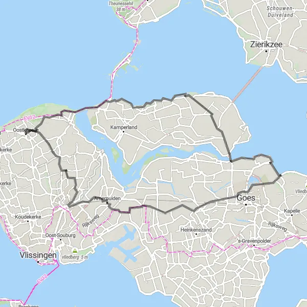 Miniatuurkaart van de fietsinspiratie "Langs de Kust van Zeeland" in Zeeland, Netherlands. Gemaakt door de Tarmacs.app fietsrouteplanner