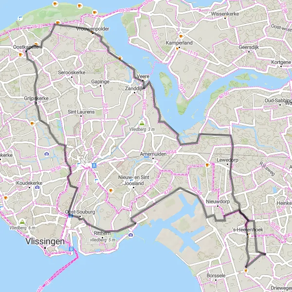 Map miniature of "Cycling Exploration to Veere" cycling inspiration in Zeeland, Netherlands. Generated by Tarmacs.app cycling route planner