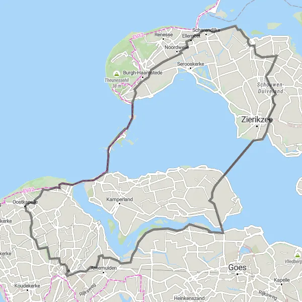 Map miniature of "Zeeland Coastal route: Oostkapelle to Lange Jan" cycling inspiration in Zeeland, Netherlands. Generated by Tarmacs.app cycling route planner