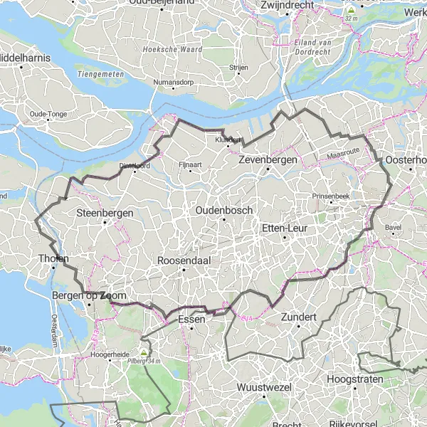Map miniature of "Riverside Adventure" cycling inspiration in Zeeland, Netherlands. Generated by Tarmacs.app cycling route planner