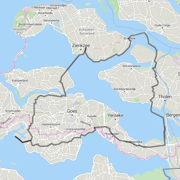 Map miniature of "Scenic Route of Zeeland" cycling inspiration in Zeeland, Netherlands. Generated by Tarmacs.app cycling route planner