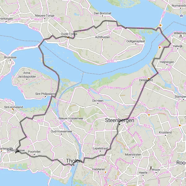 Miniatuurkaart van de fietsinspiratie "Ontdek de Krammersluizen en Dintelsas per fiets" in Zeeland, Netherlands. Gemaakt door de Tarmacs.app fietsrouteplanner