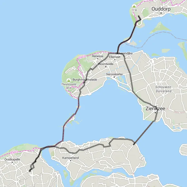 Map miniature of "Zeeland Coastal Road Adventure" cycling inspiration in Zeeland, Netherlands. Generated by Tarmacs.app cycling route planner