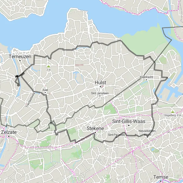 Map miniature of "Verrebroek and Klein-Sinaai Road Ride" cycling inspiration in Zeeland, Netherlands. Generated by Tarmacs.app cycling route planner