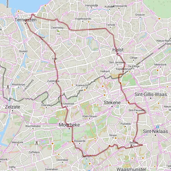 Miniatuurkaart van de fietsinspiratie "Gravelavontuur door Zeeuws-Vlaanderen en Belgische grensstreek" in Zeeland, Netherlands. Gemaakt door de Tarmacs.app fietsrouteplanner