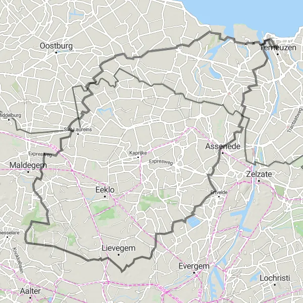Miniatuurkaart van de fietsinspiratie "Fietsen door Zeeuws-Vlaanderen en Oost-Vlaanderen" in Zeeland, Netherlands. Gemaakt door de Tarmacs.app fietsrouteplanner