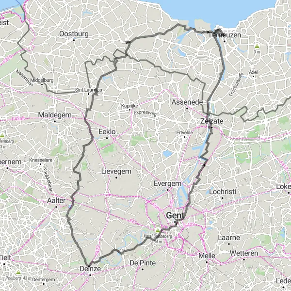Miniatuurkaart van de fietsinspiratie "130 km aan avontuur over de weg" in Zeeland, Netherlands. Gemaakt door de Tarmacs.app fietsrouteplanner