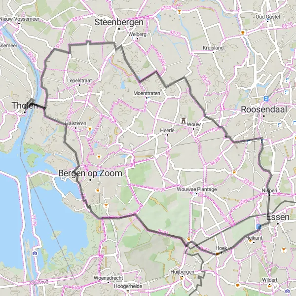 Map miniature of "Road Cycling Route from Tholen to Nispen" cycling inspiration in Zeeland, Netherlands. Generated by Tarmacs.app cycling route planner