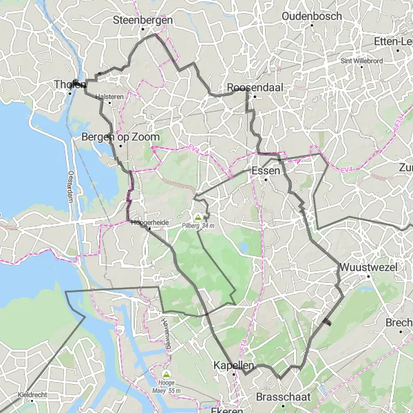 Map miniature of "Road Cycling Route to Roosendaal" cycling inspiration in Zeeland, Netherlands. Generated by Tarmacs.app cycling route planner