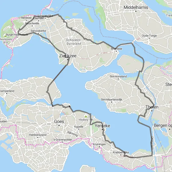 Map miniature of "Zeeland Delight" cycling inspiration in Zeeland, Netherlands. Generated by Tarmacs.app cycling route planner