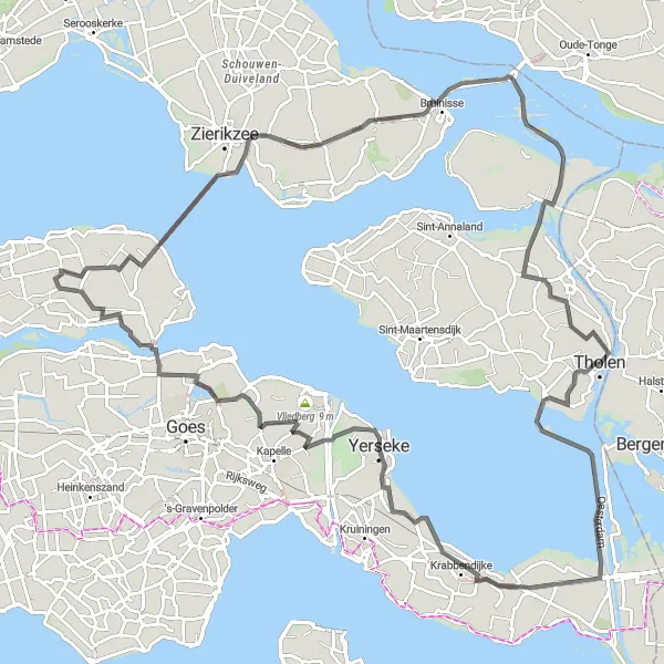 Map miniature of "Zeeland Coastal Loop" cycling inspiration in Zeeland, Netherlands. Generated by Tarmacs.app cycling route planner