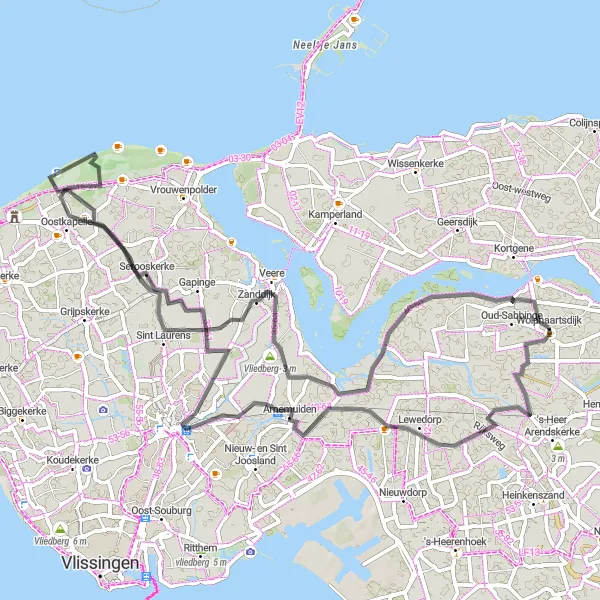 Map miniature of "The Veere Adventure" cycling inspiration in Zeeland, Netherlands. Generated by Tarmacs.app cycling route planner
